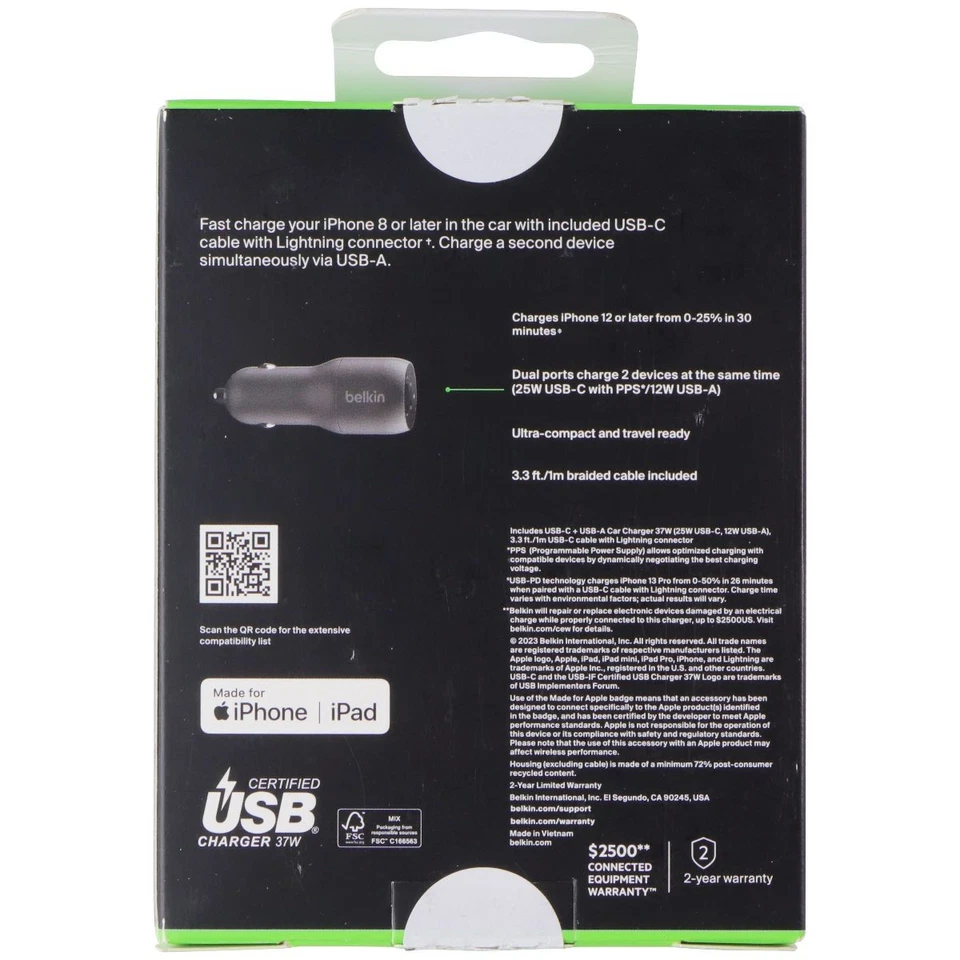 Belkin BoostCharge 37W USB-C/USB-A Car Charger w/ USB-C to 8-Pin Cable - Black - Image 2 of 2