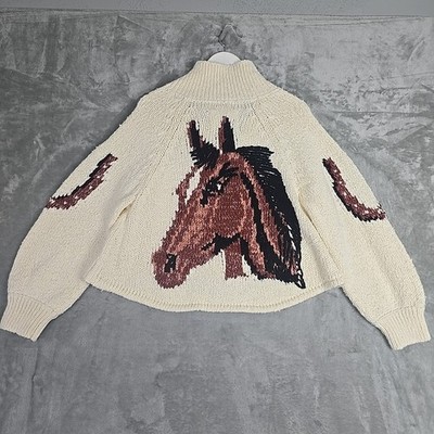 Anthro Pilcro Western Horse Graphic Cardigan Sweater Large Cream