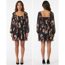 Express Black Floral Sweetheart Neck Smocked Chiffon Dress Women Size M