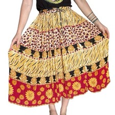 Yellow and red vintage maxi skirt with fun patterns and tie at the waist
