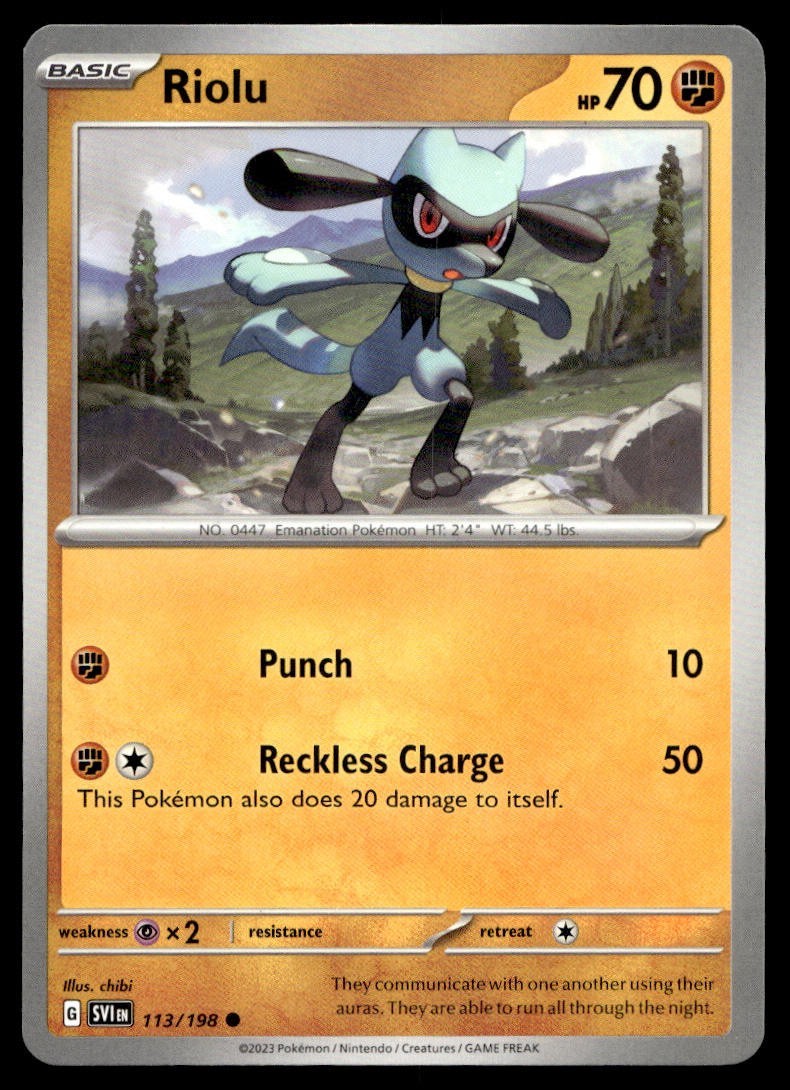 Riolu 113/198 Pokemon Card Scarlet & Violet Common 70 HP Near Mint EI