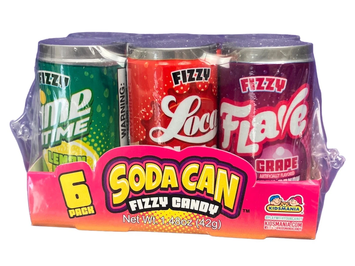 Kidsmania 6 Pack Soda Can Fizzy Candy 1.48 Oz Reclosable Lid 4 Flavor FREE SHIP
