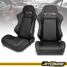 Universal Pair Reclinable Racing Seats + Dual Sliders Black PU Leather V Stitch