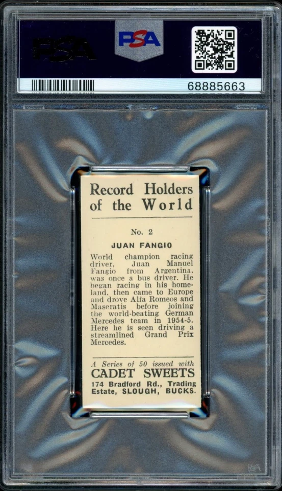 1956 JUAN MANUEL FANGIO CADET SWEETS LTD. RECORD HOLDERS OF THE WORLD #2 (PSA 6) - Image 2 of 2