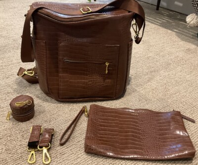croc faux leather backpack with shoulder straps FR Fashion Co. 13" Men's Crocodile Design tight stitching and premium YKK zippers for longlasting performance and a luxurious feel FAWN BROWN FAUX CROC BACK