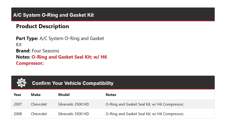Kit de juntas tóricas sistema de aire acondicionado HD para Chevrolet Silverado 3500 2007-08 4 mares Foto 2 de 4