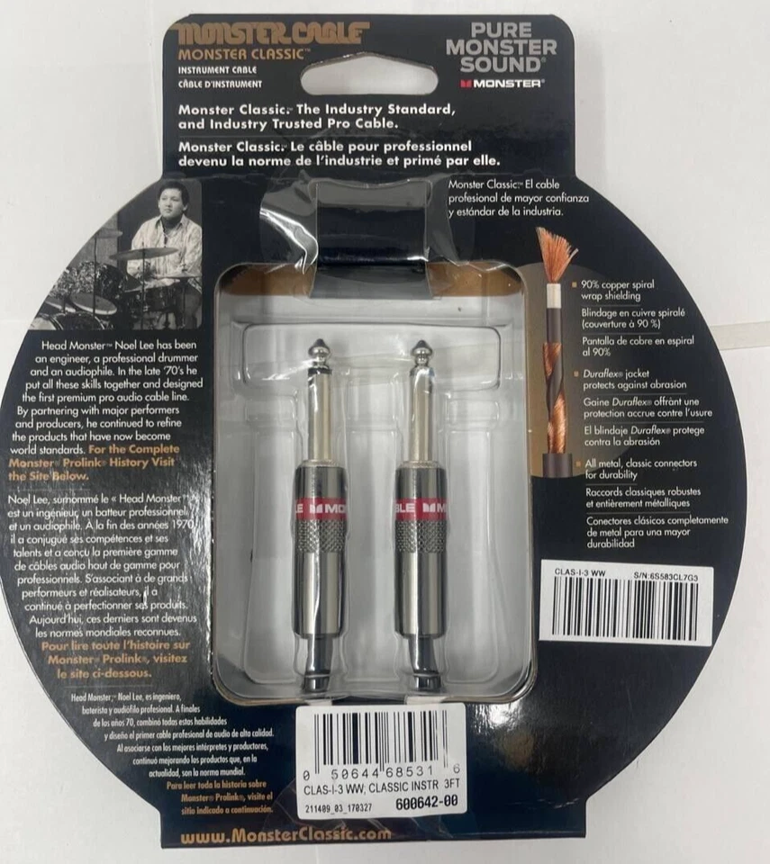 Monster Classic Instrument Cable 3ft Straight Professional Quality 1/4" TS Male - Image 4 of 4