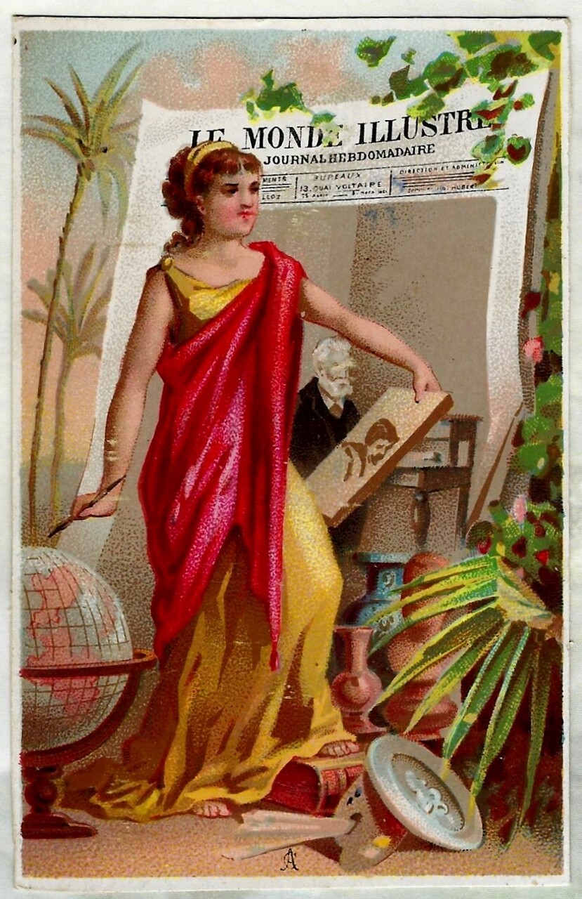 VICTORIAN TRADE CARD for FRENCH WEEKLY NEWSPAPER ARTIST1880s GODDESS WORLD GLOBE-image