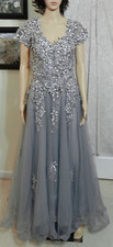La Femme Gray Beaded Lace Floral Applique Tulle A-Line Gown Size 10 608