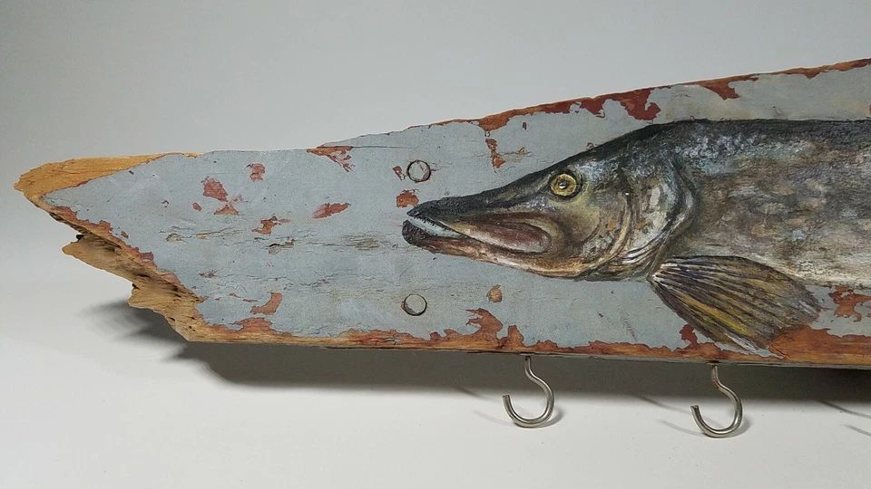 ARTE POPULAR RÚSTICO PINTADO PECES LLAVE Y JOYERÍA COLGANTE ESTANTE 23" único en su clase Foto 2 de 4