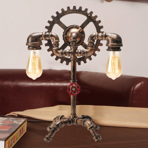 Wrought Iron Steampunk Pipe Table Lamp 2 Edison Bulb Desk Light Bedside Lighting - Picture 9 of 10