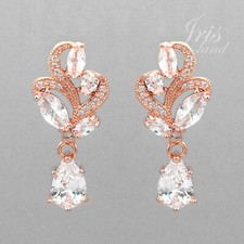 ROSE GOLD Plated Clear Cubic Zirconia CZ Wedding Bridal Drop Dangle Earrings 601
