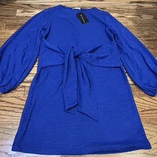 R.Vivimos Dress L Tie Front Blue Balloon Sleeve Textured Feminine Classic NWT 