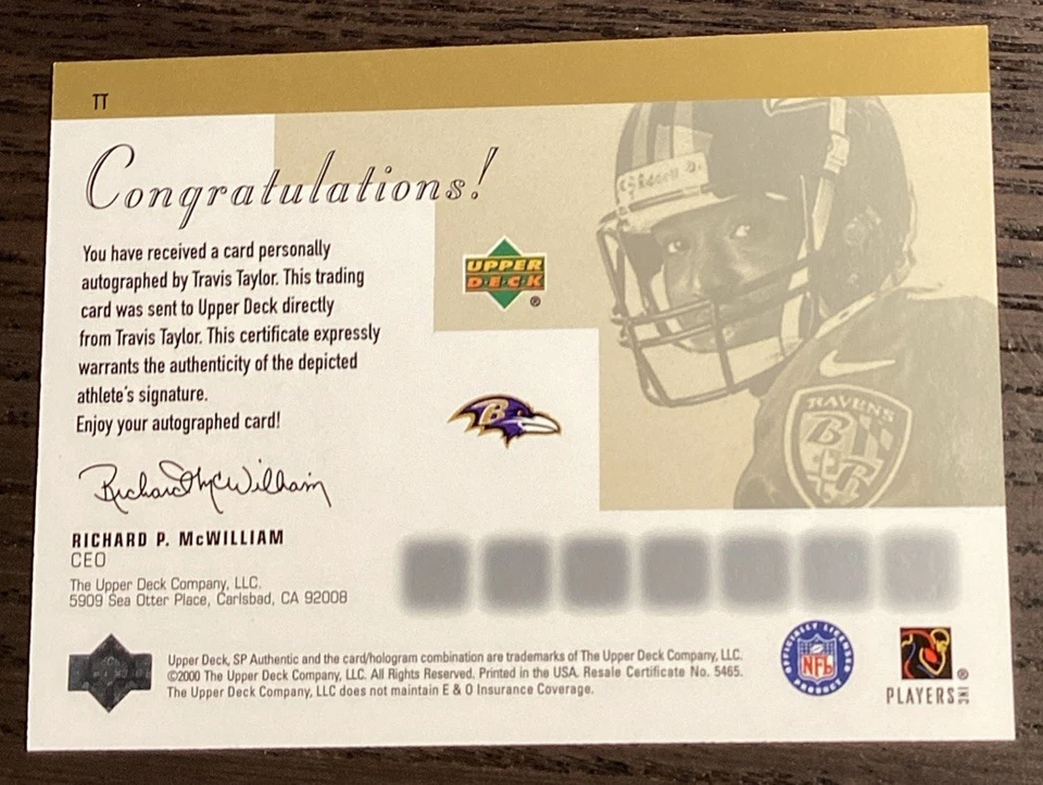 2000 Upper Deck SP Authentic Sign of the Times Travis Taylor #TT Rookie Auto RC - Image 2 of 2