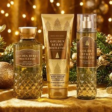 Bath  Body Works Golden Berry Mistletoe Fine Fragrance Mist Body Cream 3 Pc Set