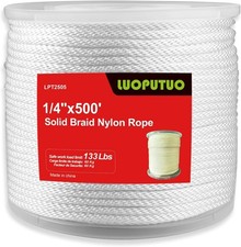 1/4 Inch x 500 ft White Nylon Solid Braid Rope UV Abrasion Resistant, Low