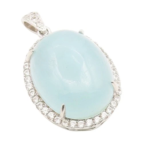 925 Sterling Silver Vintage Pendant Cabochon Larimar Halo CZ Charm  PT25990
