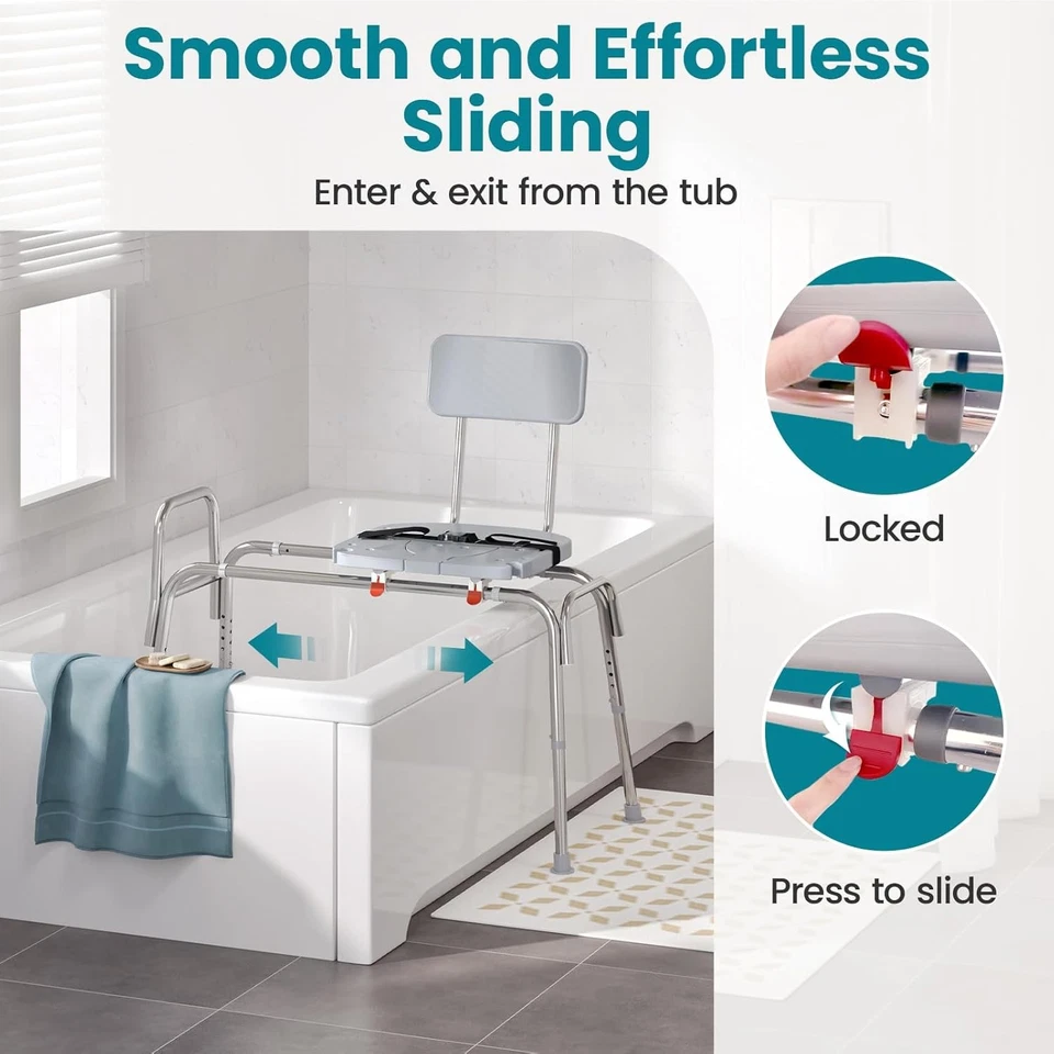 Silla de ducha deslizante 400 lb banco de transferencia de bañera banco de ducha asiento y respaldo recortados Foto 2 de 4