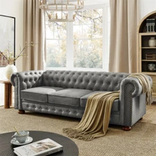 3-Seater Chesterfield Sofa Tufted Linen Upholstered Sofa Nailhead Trim Wood Legs