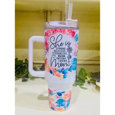 ''She Is Strong'' 40 oz Floral Mom Tumbler with Handle