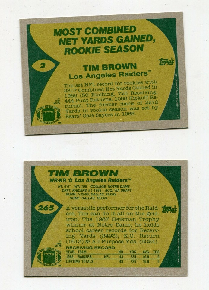TIM BROWN NOTRE DAME OAKLAND RAIDERS 1989 TOPPS FOOTBALL 2 ROOKIE CARD ...
