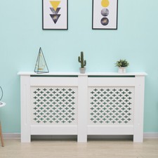 Kensington Radiator Cover Large White (152 x 19 x 82cm) Cross Pattern Wood
