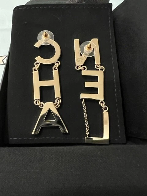 Authentic CHANEL CHA NEL RARE Runway Logo Drop Letter Earrings Limited