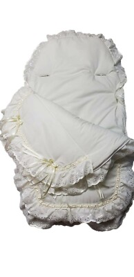 Frilly Broderie Anglaise Universal Fitting for Pushchair Liner Cream Ribbons
