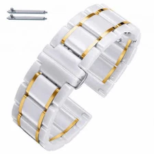 Ceramic Replacement Watch Band White With Gold Stripes Quick Release Strap #8005