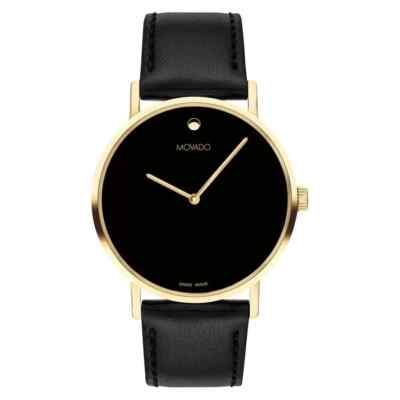 #ad MOVADO SIGNATURE 0607591 GOLD BLACK LEATHER STRAP STAINLESS CASE 40mm MENS WATCH $279.99