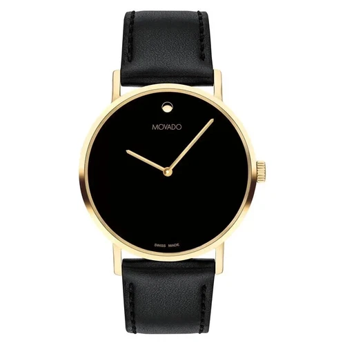 MOVADO SIGNATURE 0607591 GOLD BLACK LEATHER STRAP STAINLESS CASE 40MM MENS WATCH