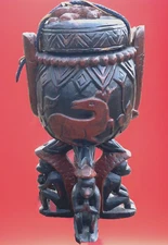 African Tribal Wooden Box. with Lid, Hand Carved Monkeys, Fish & Animals 19+"