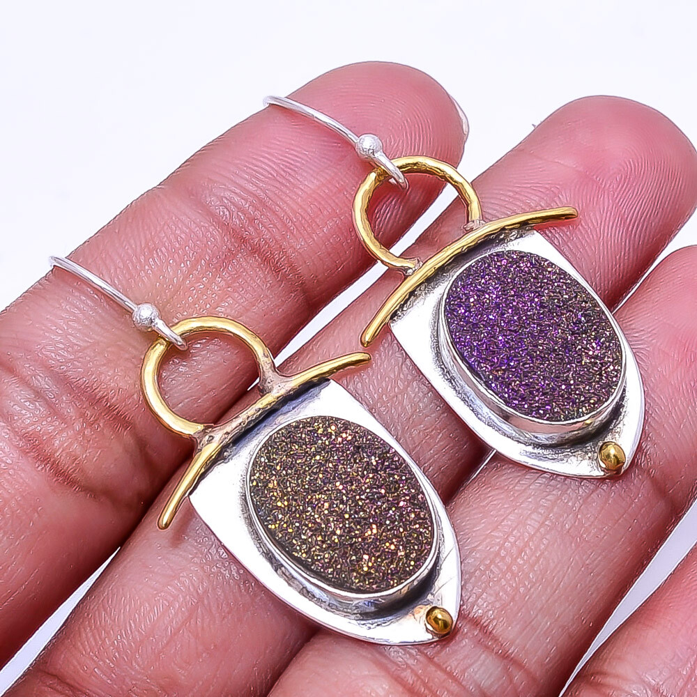 Purple Titanium Agate Drusy 925 Sterling Silver Two Tone Earring 1.72