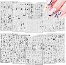 10 Bögen selbstklebende Nagelsticker NEU Blumen Nail Art Designs Weiß Schwarz