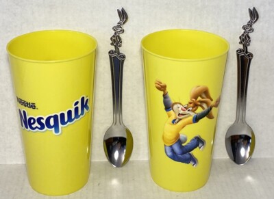 Vintage Nesquik Lot Tumblers And Spoons Chocolate Milk Plastic Nestle Cold Cups
