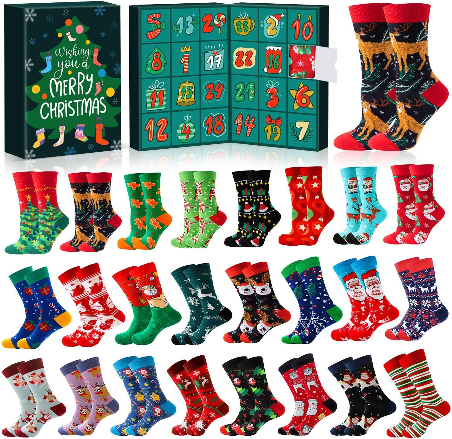 Socks Advent Calendar for Adults Men Women, 24 Pair of Christmas Crew Socks Funn-image