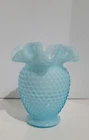 Vintage Fenton Light Blue Overlay Milk Glass Hobnail Ruffle Vase