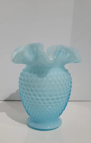 Vintage Fenton Light Blue Overlay Milk Glass Hobnail Ruffle Vase