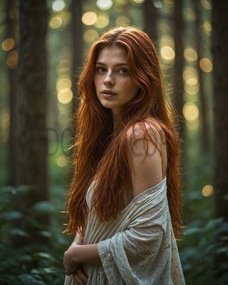 Redhead Woman Enchanted Forest Bokeh Lights Fantasy Art Print
