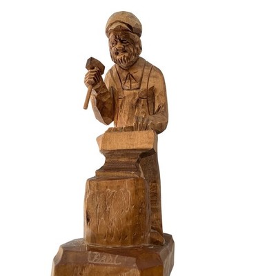 Hand Carved Wood Blacksmith Figurine Anvil Hammer Folk Art 7.5in Brown