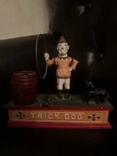 Vintage Cast Iron Trick Dog Mechanical Coin Bank Circus Clown Works