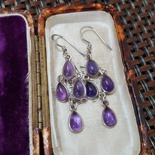 Vintage 925 Sterling Silver Earrings, Natural Amethyst Dangle, Chandelier 