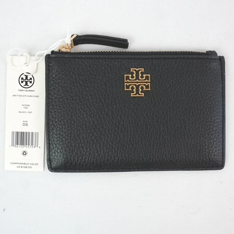 Cartera tipo tarjetero Tory Burch Britten de cuero granulado con cremallera para mujer en negro