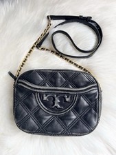 Distressed Tory Burch Fleming Camera Bag Black Quilted Leather Crossbody