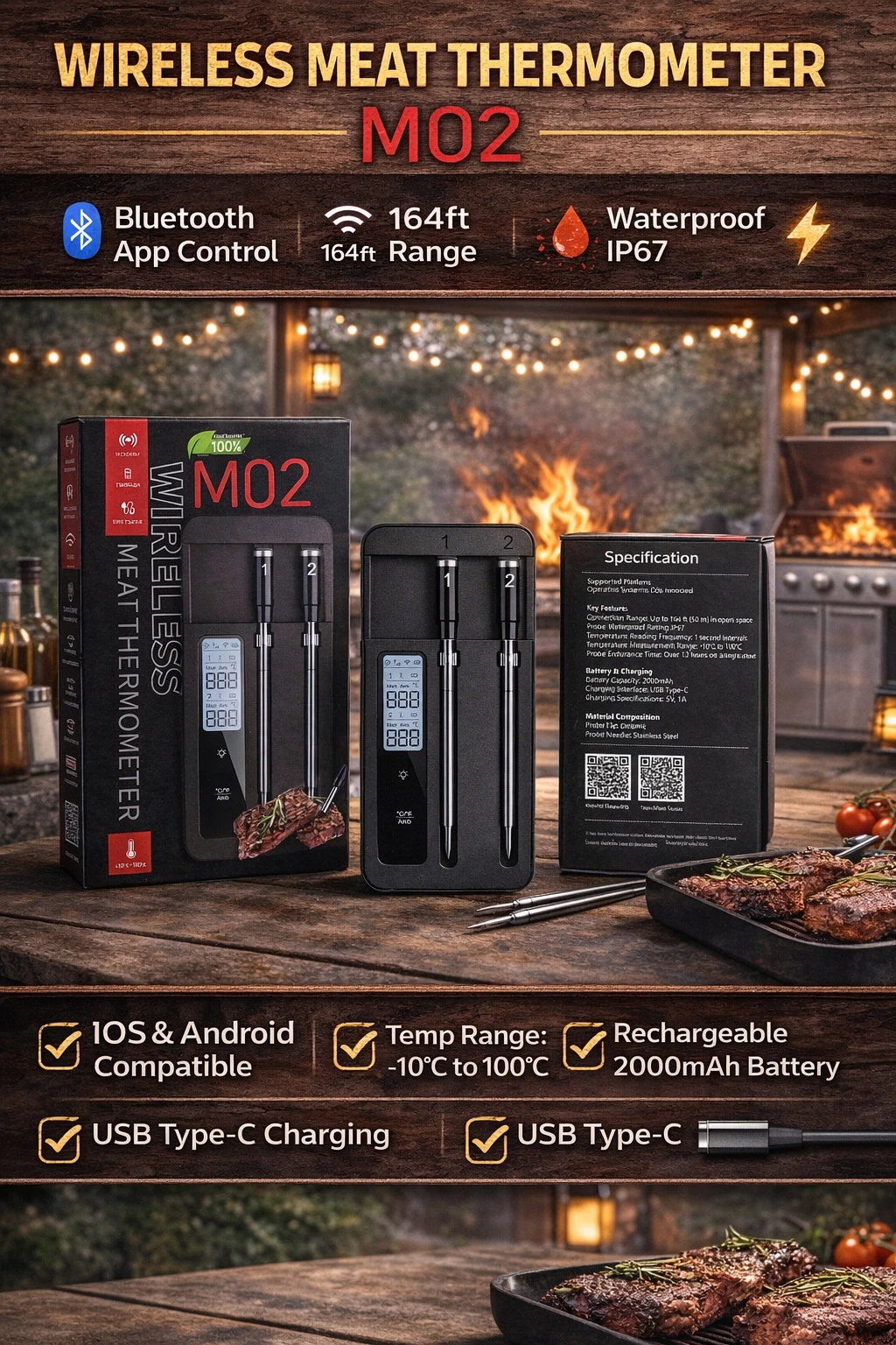 Wireless Meat Thermometer M02 Dual Probe Bluetooth Rechargeable BBQ Oven Grill