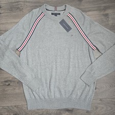 NWT Tommy Hilfiger Gray 100 Cotton Stripe Sleeve Crewneck Sweater Men  s L