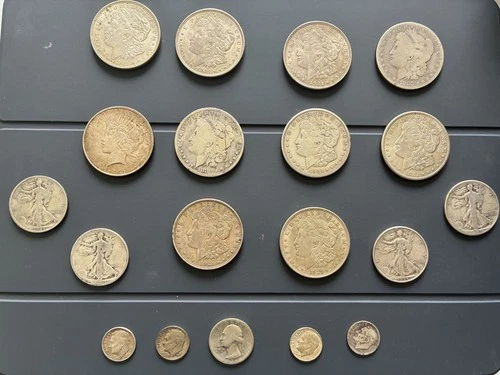 Lot of 19 90% Silver Coins 10-Morgan, 4-Walking Liberty Halves, 1-Qtr, 4-Dimes