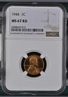 1944 P Small Cents Lincoln, Wheat Ears Reverse NGC MS-67 RD