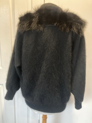 Vintage Black Angora Cardigan With Real Fur Stole Attached M L Goth Victoriana - Picture 8 of 17