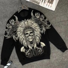 Fashion Men Skull Rhinestones Luxury Black Sweatshirt Hoodie Pants Set Pullover